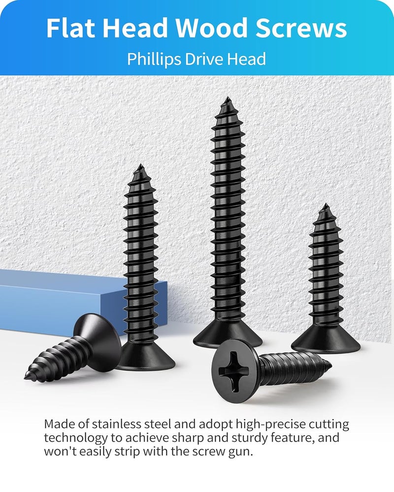 DIVANC 550Pcs 304 Stainless Steel Wood Screws Assortment Kit, Phillips Flat Head Sheet Metal Screws Self Tapping Screws Set, #4#6#8#10#12 Wood Assorted Screw (Black-Flat Head 550PCS) - Image 3